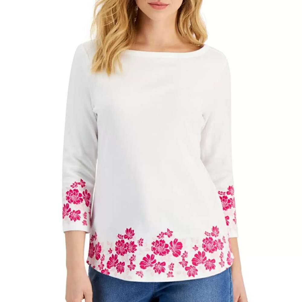 Charter Club Women's 3/4-Sleeve Boat-Neck Top, Bright White CMB